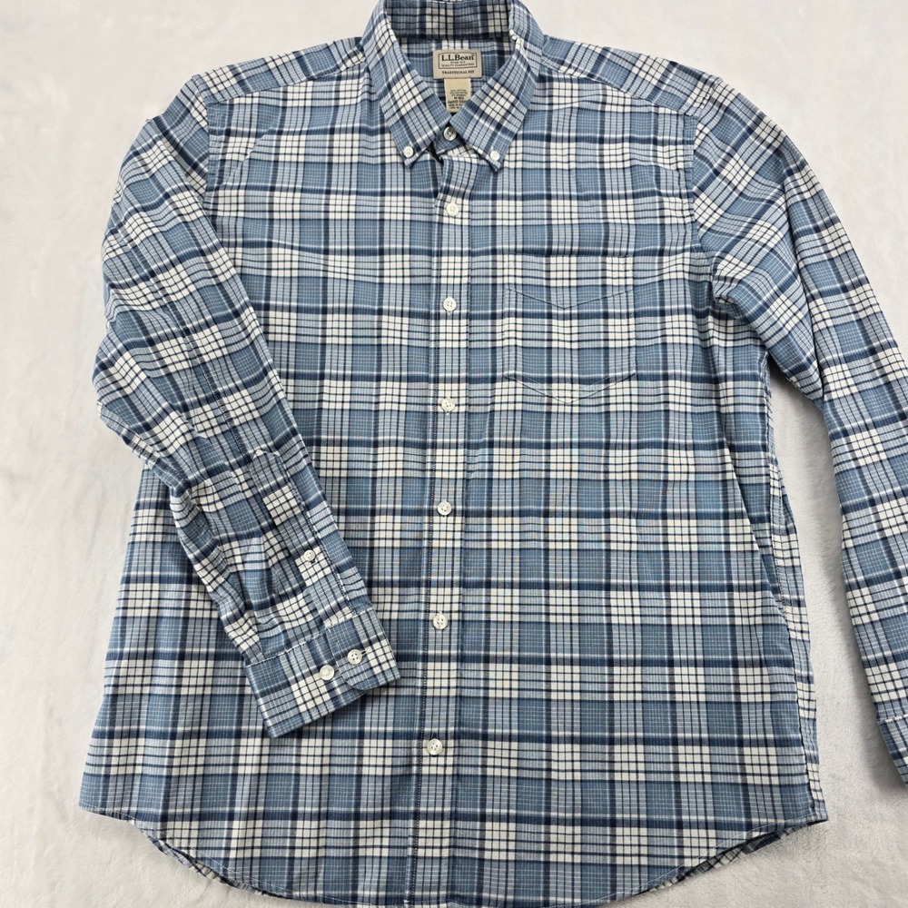 LL Bean Button Down Mens M Regular Shirt Blue Plaid Traditional Fit 510030
